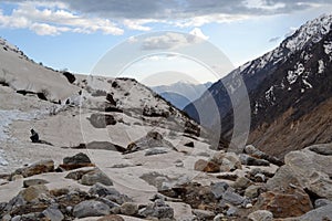 Snow-covered Kedarnath valley in Upper Himalaya India.