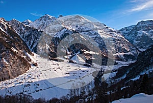 Snow covered Klausen Pass in canton Glarus in the winter in Switzerland