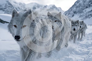 Snow-covered landscape with a pack of Arctic wolves walking in formation