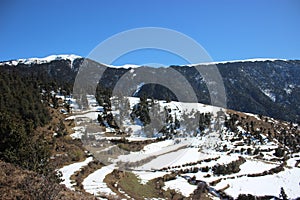 Snow covered landscapes of himalaya with step farms, mountains and valley