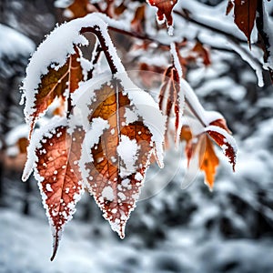 Snow covered leaves in winter - ai generated image