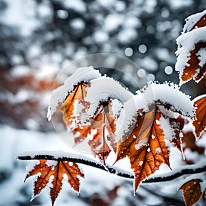 Snow covered leaves in winter - ai generated image
