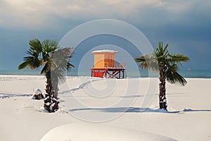 Snow covered lifeguard tower