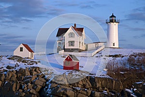 Snow Covered Lighthouse In Maine During Holidays