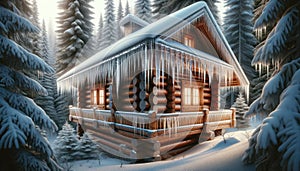 Snow-covered log cabin with icicles in winter forest