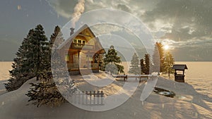 Snow-covered log house on a hill surrounded by coniferous trees, in the rays of the evening sun