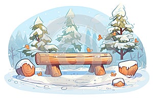 snow-covered log serving as a forest bench