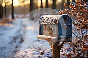 Snow-covered mailbox on a country road - stock photography concepts