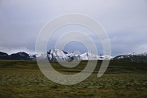 Snow-covered majestic mountains. A brown field. Icelandic landscape
