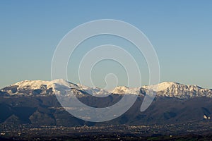 Snow-covered Matese Mountains seen from Castel Morrone after the sharp drop in temperatures that affected the whole of Italy.