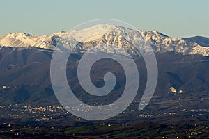 Snow-covered Matese Mountains seen from Castel Morrone after the sharp drop in temperatures that affected the whole of Italy.