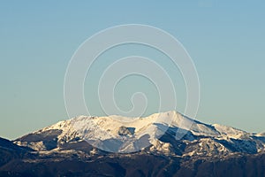 Snow-covered Matese Mountains seen from Castel Morrone after the sharp drop in temperatures that affected the whole of Italy.