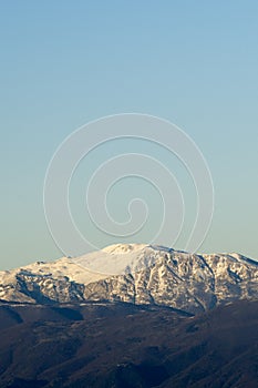 Snow-covered Matese Mountains seen from Castel Morrone after the sharp drop in temperatures that affected the whole of Italy.