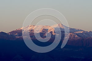 Snow-covered Matese Mountains seen from Castel Morrone after the sharp drop in temperatures that affected the whole of Italy.