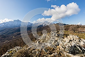 Snow covered Monte San Parteo and Asco mountains in Corsica