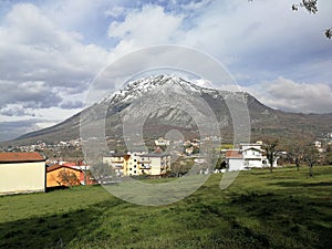 Snow-covered Monte Taburno seen from Montesarchio