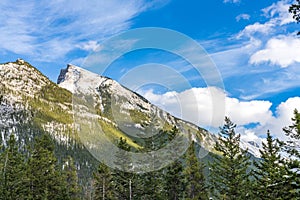 Snow-covered Mount Rundle mountain range. Banff National Park, Canadian Rockies.