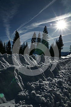 Snow covered Mount Shasta road, California, USA