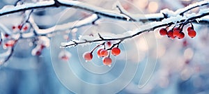 Snow-covered mountain ash branch with red berries