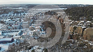 Snow Covered Mountain, European Residential Cityscape, Winter, Europe, Aerial