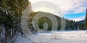 Snow covered mountain lake among the forest