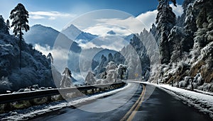 Snow covered mountain landscape, a winter journey through nature icy beauty generated by AI