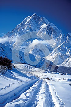 A snow covered mountain with a large amount of snow on it, AI photo