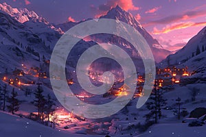 Snow Covered Mountain With Lit Up Village at Night Generative AI
