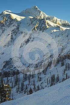 Snow covered mountain Mt. Shuksan and Mt. baker ski area