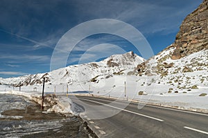 Snow covered mountain panorama on the Julier pass in Switzerland photo