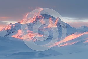 Snow-covered mountain peak at sunrise