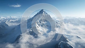 Snow-covered mountain peak towering above clouds in panoramic aerial view of remote alpine range photo