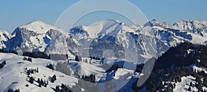 Snow covered mountain ranges seen from Horeneggli