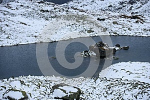 Snow covered mountain tourist hiking trails