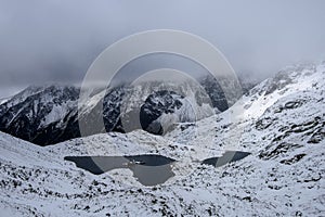 Snow covered mountain tourist hiking trails