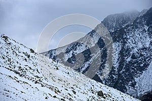 Snow covered mountain tourist hiking trails