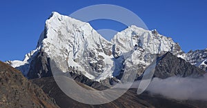 Snow covered mountains Cholatse and Tobuch, view from the Gokyo Valley photo