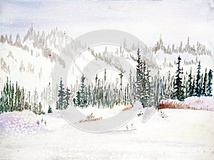Snow-covered Mountains with Evergreen Trees - Watercolor