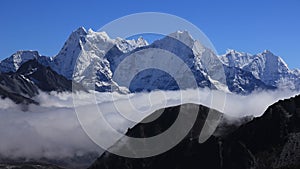 Snow covered mountains Kantega, Thamserku and Kusum Kanguru photo