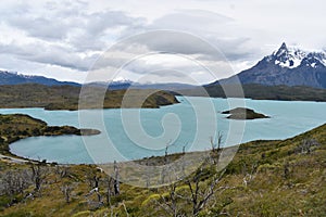 Snow covered mountains with the light blue ocean in front in Torres del Paine National Park in Chile, Patagonia