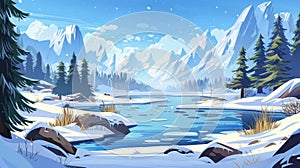 Snow-covered mountains, melting snow, and ice floating in a river in winter or spring. Modern illustration of nature