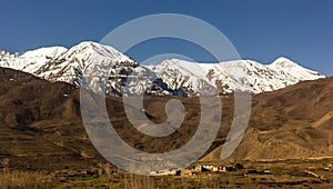 The snow-covered mountains near the village of Jharkot