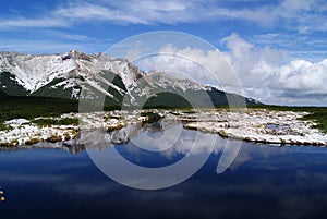 Snow covered mountains reflecting in lake.