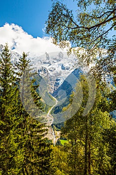 Snow covered mountains and rocky peaks in the French Alps