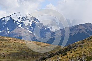 Snow covered mountains in Torres del Paine National Park in Chile, Patagonia