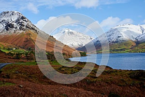 Snow-covered mountains of Wasdale Head from the road from Nether Wasdale photo