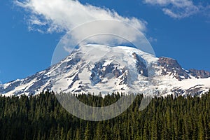 Snow covered Mt Rainier in Washington state Closeup