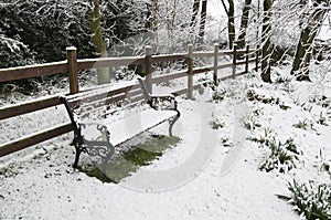 Snow covered park bench.