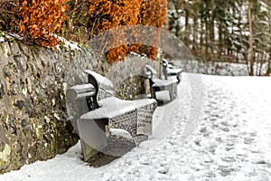 Snow covered park bench