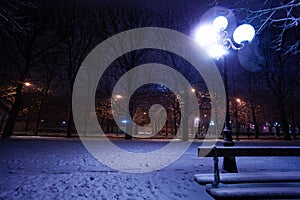 Snow-covered park in light of street lamps, Paris